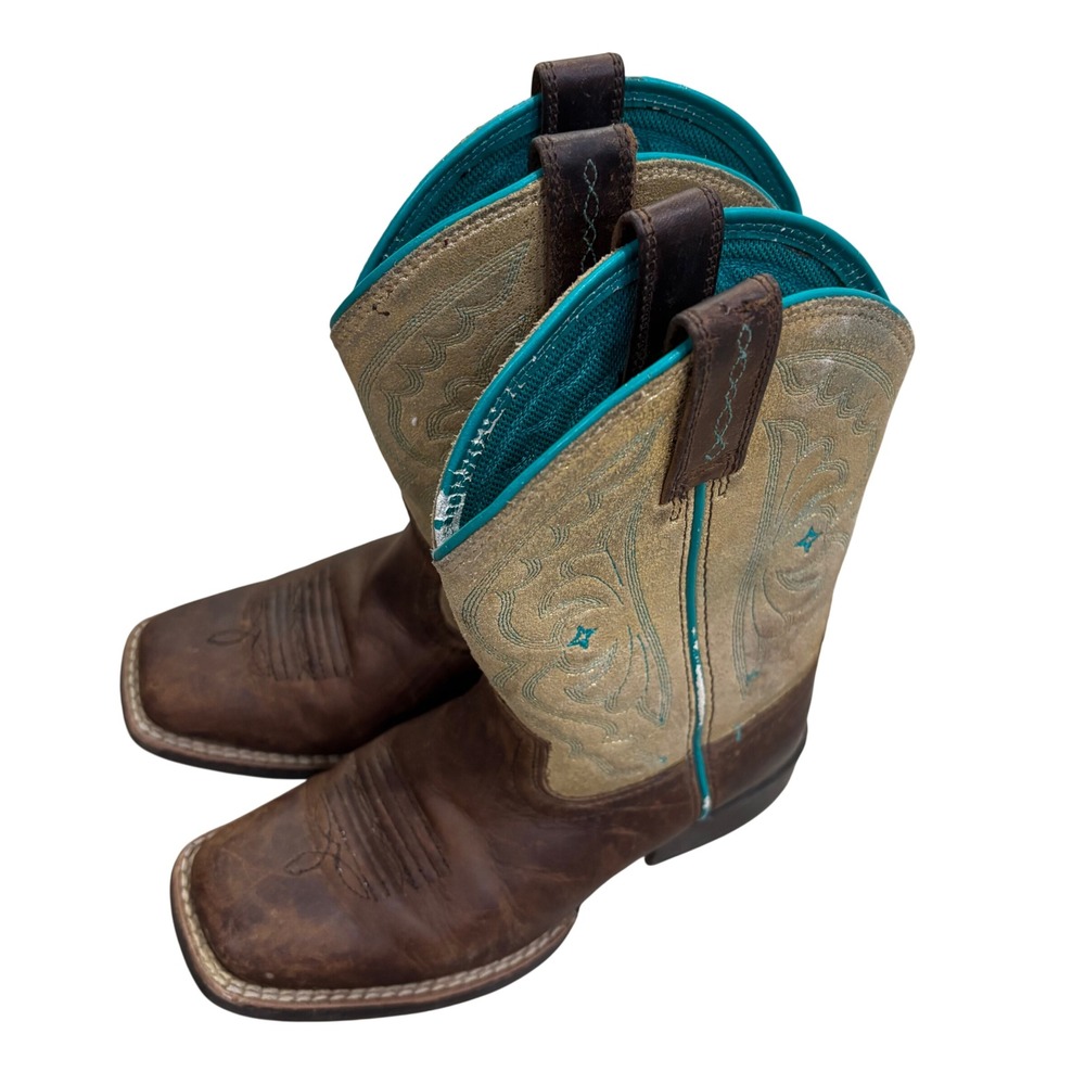 Ariat Kids Western Boots Brown Leather Gold Glitter Teal Square Toe 10026179 12